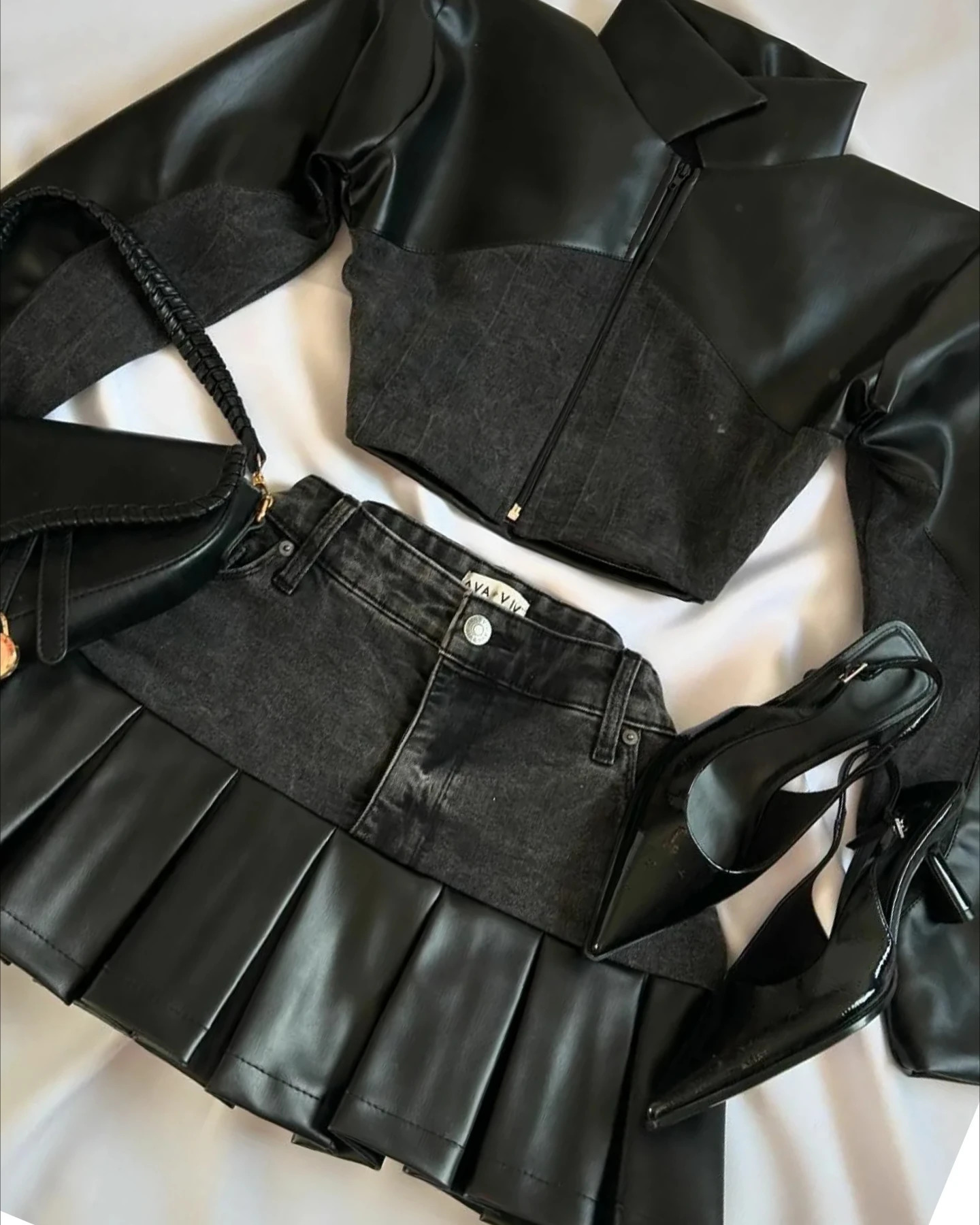 Streetwear Two Piece Set Womens Y2K Clothes Retro Leather Patchwork Denim Skirt Slim Cropp Top Long Sleeve Zip Jacket Suit 250206