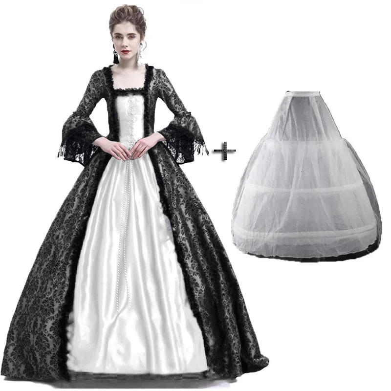 Medieval Renaissance Long Dress Queen Gown Party Cosplay Costume Square Collar Maxi Dresses with petticoat S-XXXL250206
