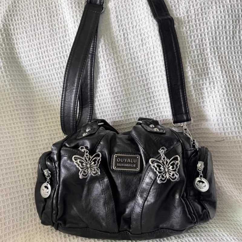 Xiuya Y2k Black Wens Shoulder Bag Gothic Advanced Fi Tote Bag Large Capacity Leather Motorcycle Vintage Handbag B250618