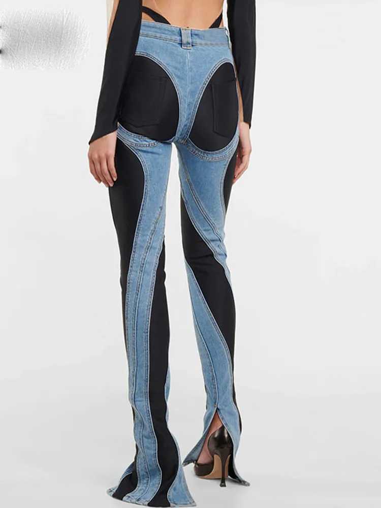 Fashion Designer Color Block Womens Jeans Slim Deconstruct Panelled Patchwork High Waist Split Blue Long Denim Pants AutumnT250208