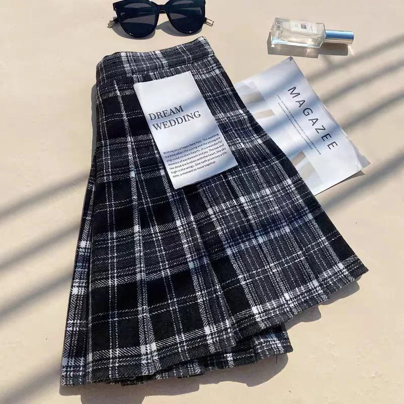 Tweed Plaid Pleated Skirt Women Fall Winter High Waist Jk Pretty Style Mini Wool Blend Fashion Chic Sweet 250206