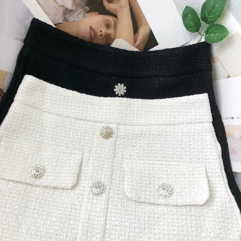 OCEANLOVE Tweed Women Skirts Solid Ruffles Vintage Aline Buttons Autumn Winter Folda Korean Elegant Skirt Femme Retro 250206Z