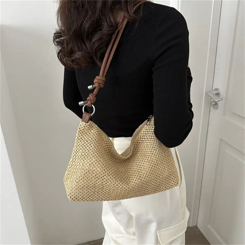 Large Capacity Woven Straw Bag Summer Beach Rattan Handbag Women Handmade Braid Shoulder Bag Fashion Tote Bag 250207
