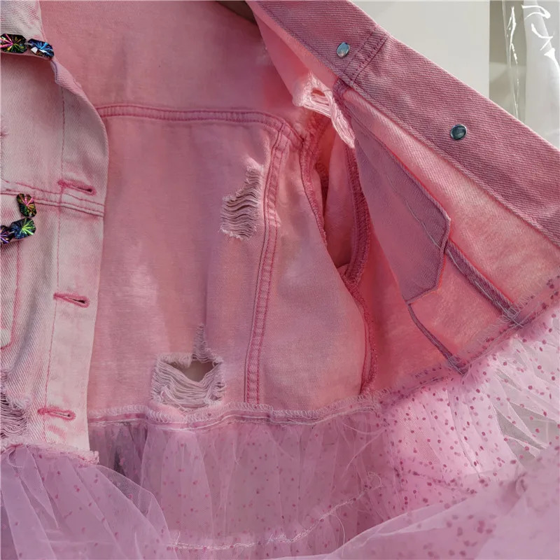 Heavy Work Mesh Splicing Diamonds Big Pocket Denim Jacket Women Slim Holes Cow Outerwear Korean Pink Jeans Jacket Coat Female 250122
