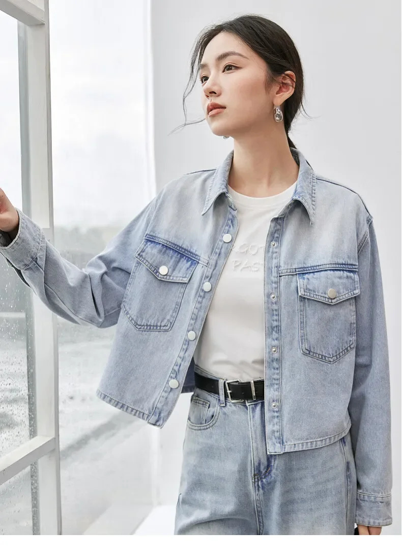 SENTUBILA Womens Spring Cropped Denim Jacket 2025 Long Sleeve Outerwear Short Coat 100% Cotton Washed Jean Jackets W43W56031 250122