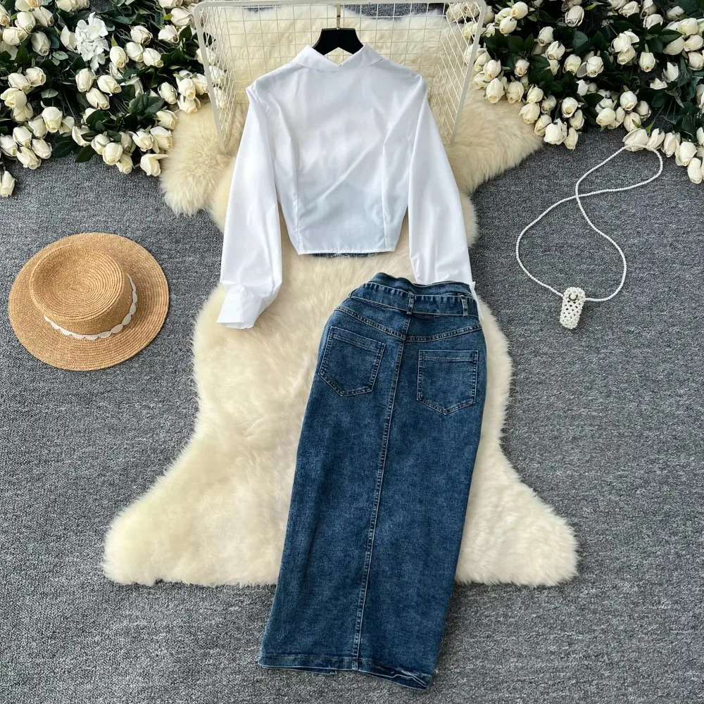 Women TwoPiece Sets Vintage Turndown Collar Cowboy Spliced Shirt and High Waist Split Skirt Korean Street Autumn Clothing 250208