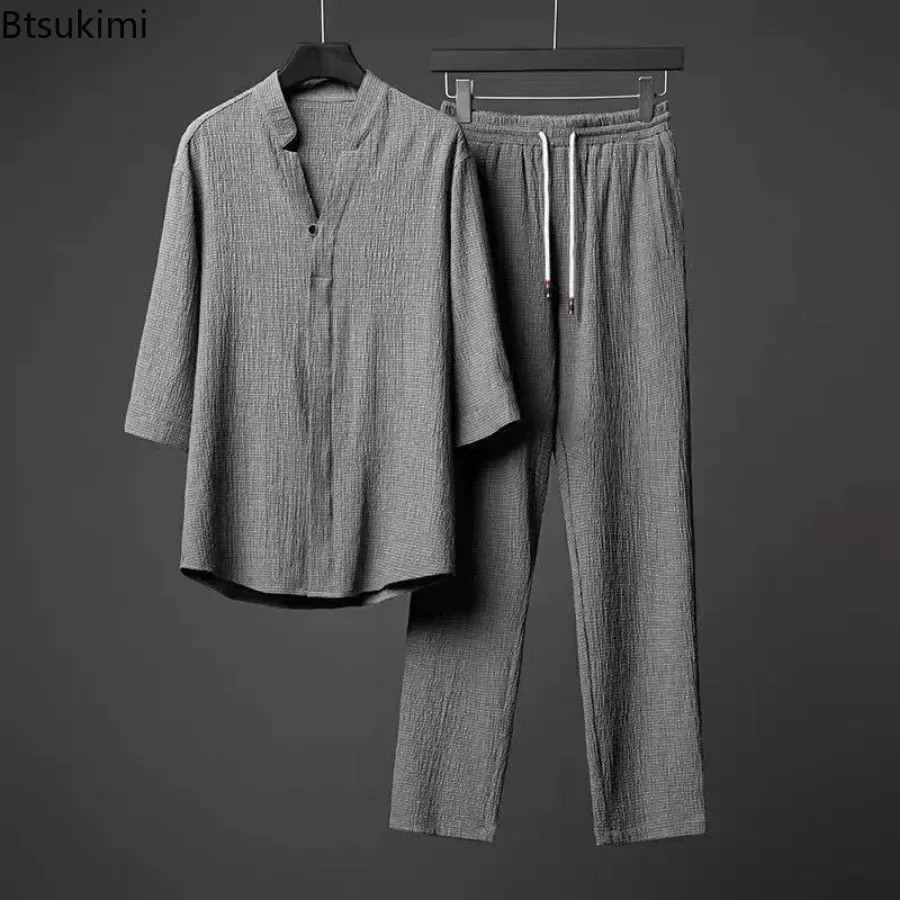 2025 Mens Two Piece Pant Sets Spring Summer Short Sleeve Shirt And Pants Outfits For Men Solid Cotton Linen Clothing Sets Male250206