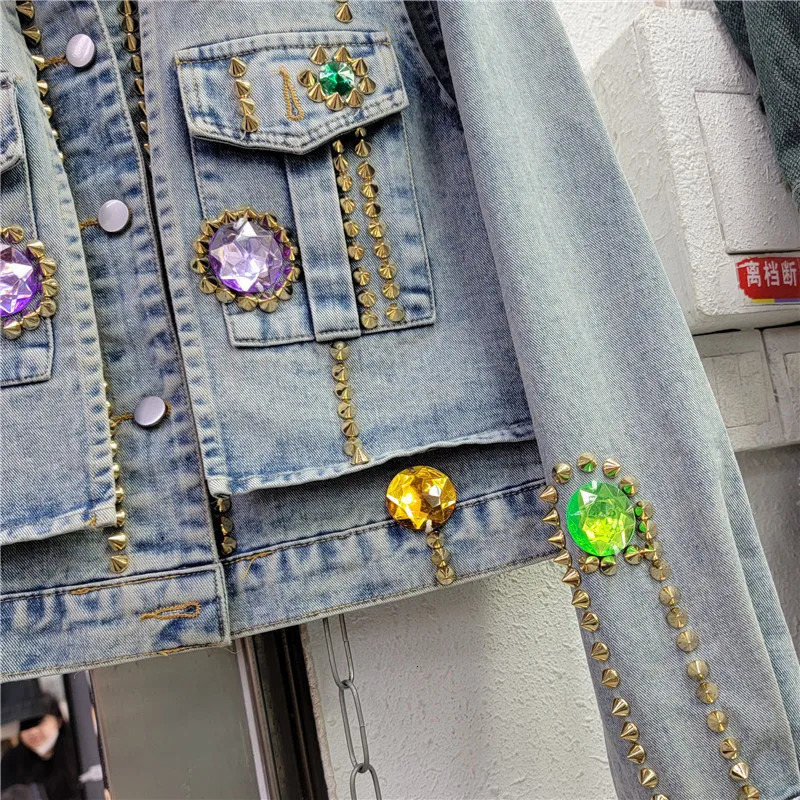 Diamonds Rivet Big Pocket Long Sleeve Denim Jackets Women Casual Cow Outerwear Vintage Blue Loose Short Jeans Jacket Female 250122