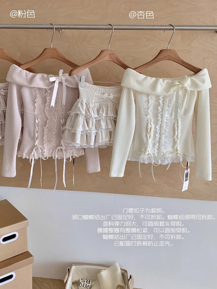 Fall Winter Women Kpop Shoujo Mori Girl 2000s Aesthetic Outfits 2 Piece Set Long Sleeve Off Shoulder Coquette Tops Mini Skirt 250208