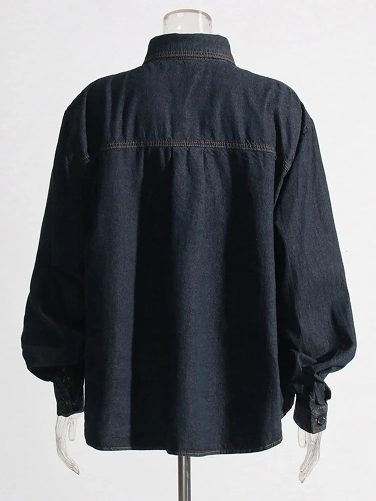 Solid Patchwork Metal Casual Denim Jackets For Women Lapel Long Sleeve Spliced Pockets Minimalist Loose Coats Female Style 250122