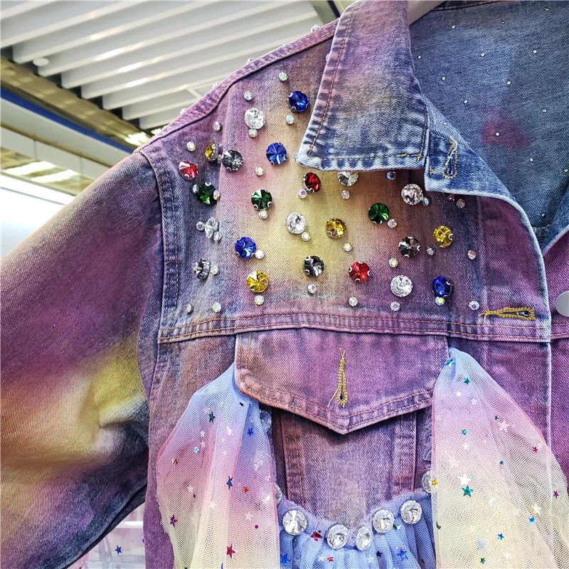 Tie Dye Gradient Color Diamonds Mesh Splicing Pocket Denim Jacket Women Cow Outerwear Loose Short Jeans Jacket Coat Female 250122