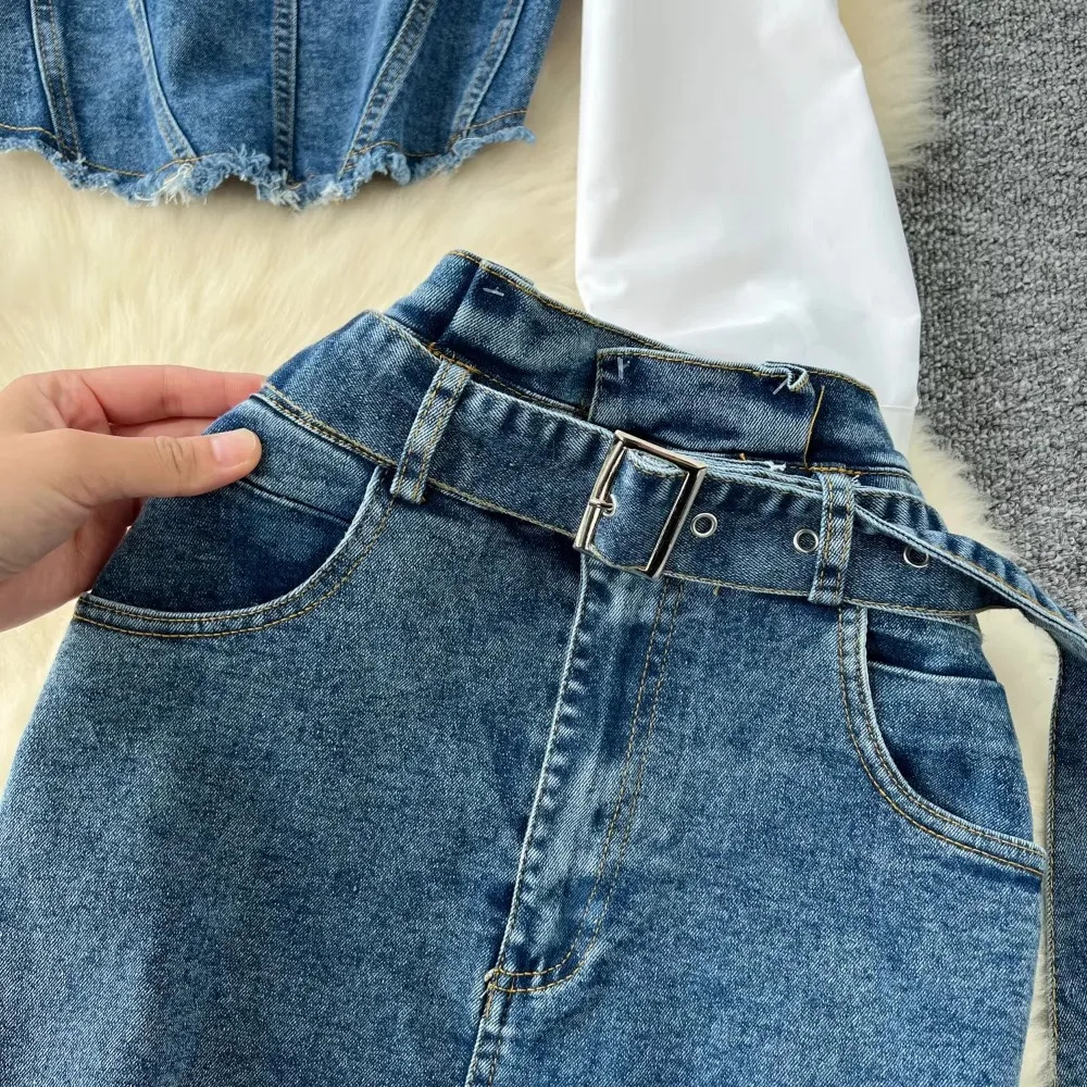 Women TwoPiece Sets Vintage Turndown Collar Cowboy Spliced Shirt and High Waist Split Skirt Korean Street Autumn Clothing 250208