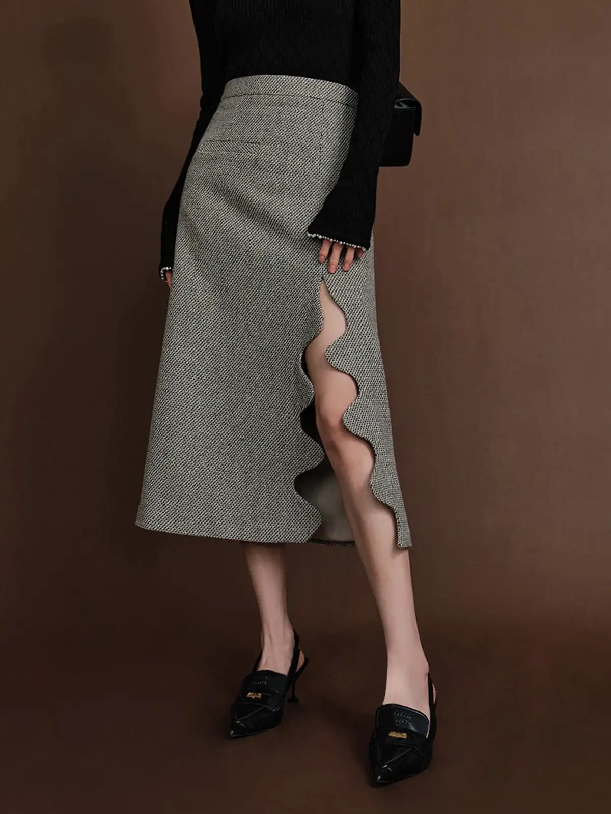 Button Down Tweed Boucle Maxi Skirt High Waist Skirts for Women Long Summer Chic Split Trumpet Elegant 250206