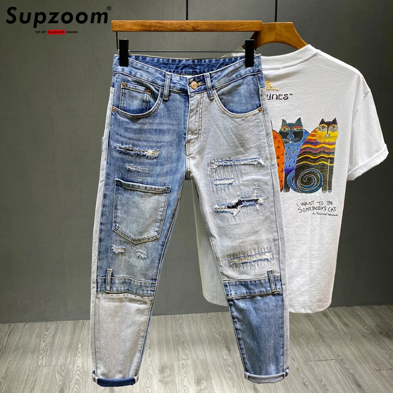 Supzoom Arrival Top Fashion Autumn Zipper Fly Stoashed Casual Patchwork Cargo Denim Pockets Cotton Jeans Men 250115