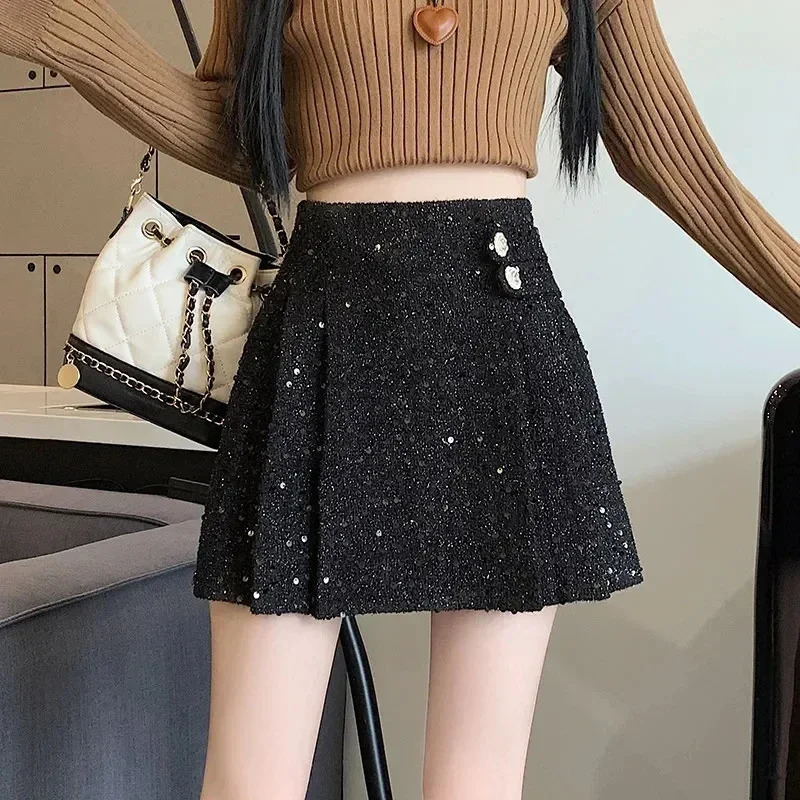 Women Tweed Skirts Fashion Pencil Bodycon High Waist Vintage Autumn Winter Slim Korean Elegant Short Mini pleated Skirt 250206Z