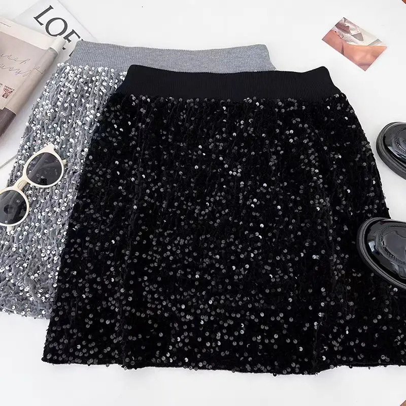 ITOOLIN Women Casual High Waist Tweed Aline Skirts Chic Shiny Sequined Bodycon Mini For Party Package Hip 250206Z