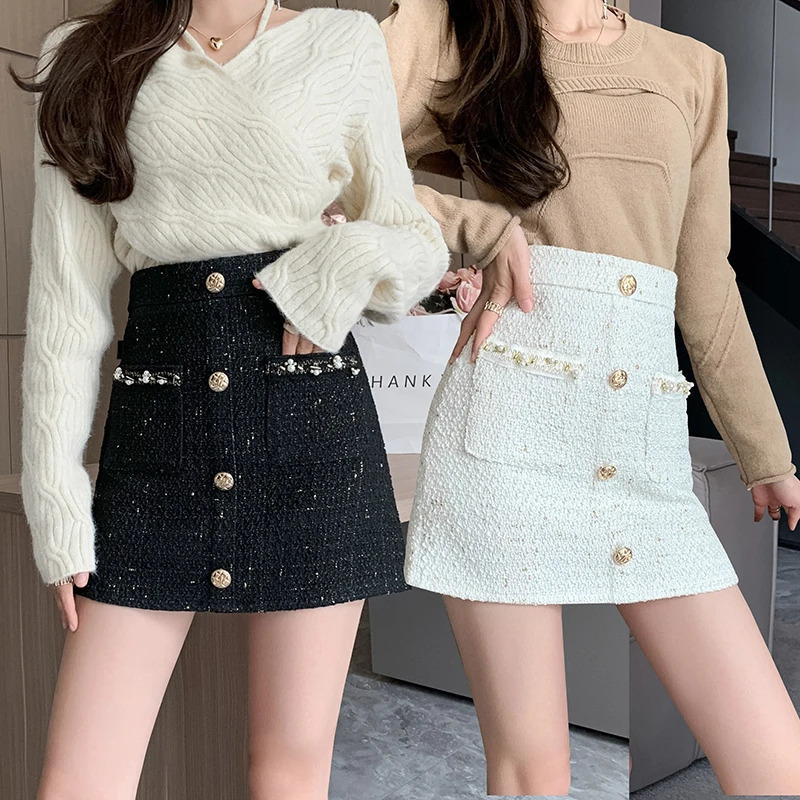 Woolen Tweed Skirt Elegant Mini Harajuku Slim Office Lady Pockets Golden Buttons Pencil Autumn Winter O360 250206Z