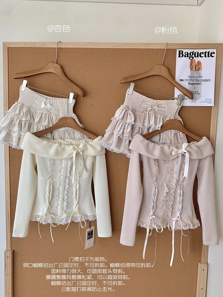 Fall Winter Women Kpop Shoujo Mori Girl 2000s Aesthetic Outfits 2 Piece Set Long Sleeve Off Shoulder Coquette Tops Mini Skirt 250208