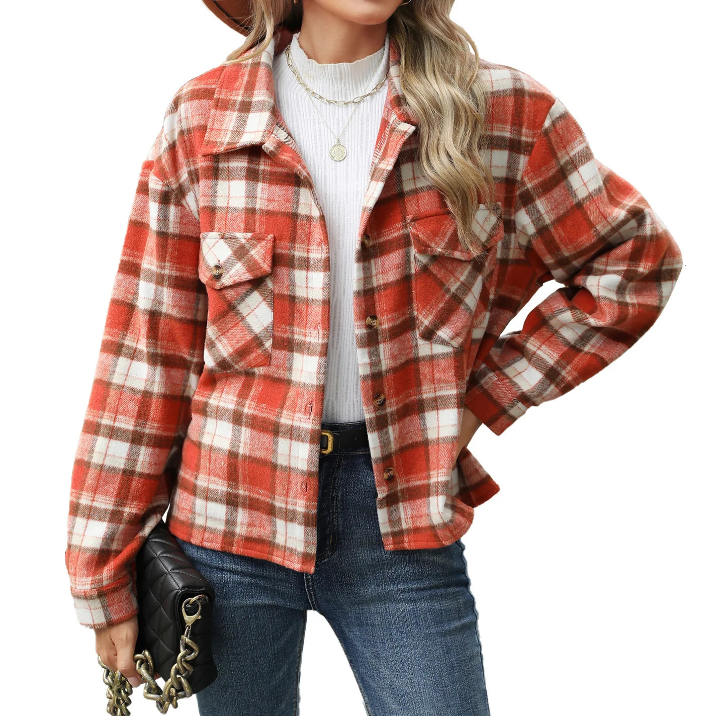 Long Sleeved Loose Pocket Plaid Top Woolen Coat for Women 250109Z