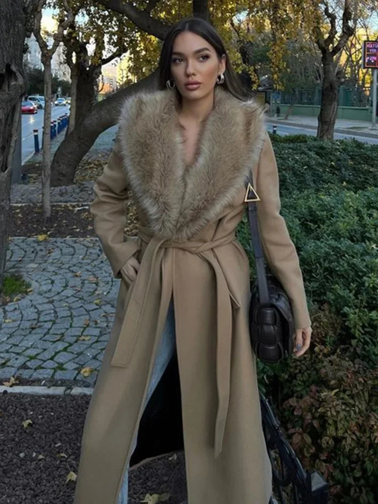 Fur Collar Long Woolen Coat Belt Lace Up Waist Cinching Pocket Plush Wool Overcoat Fashion Outwear Top Winter Womens Clothing 250109Z