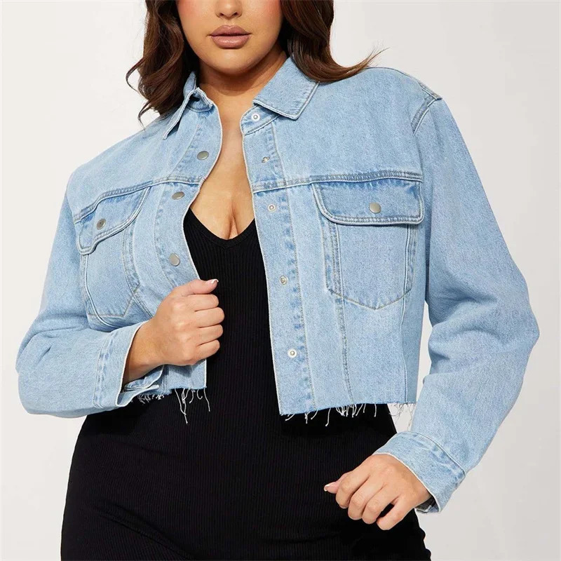 Women Light Blue Short Denim Jackets Trend Streetwear Outerwear Female Bust Patchwork Double Pockets Lapel Single-breasted Coat 250122