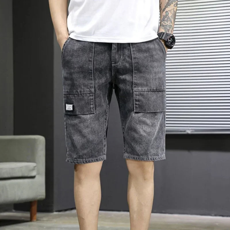 Man Denim Shorts Knee Length Short Jeans Pants for Men Selvedge Long Camouflage Half Cow Trend Wide Thin 250206