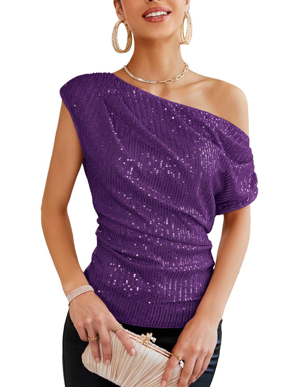2025 Summer New Women's One Shoulder Sparkling Wrinkled Short Sleeve Top