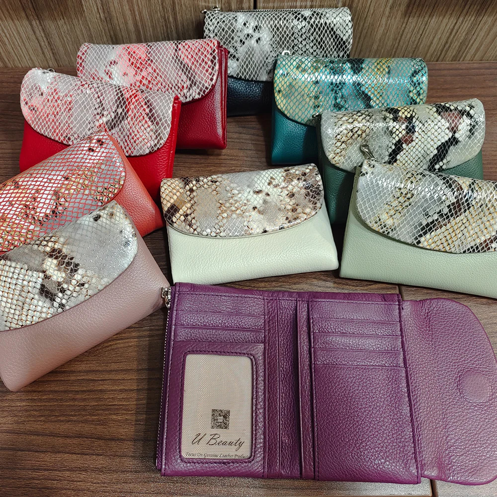 10 Colors Snake Pattern Cow Leather Short Wallet Women Fashion Python Genuine Cowhide Tri-fold Card Holder Purse Ladies 250207