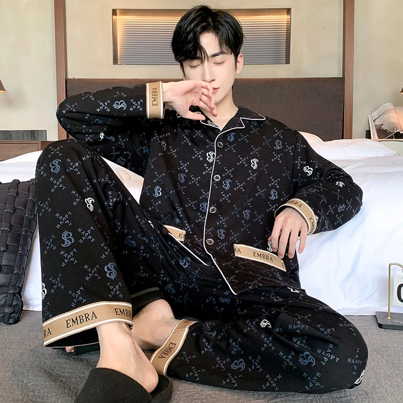 Black ious Men Pajamas Set Autumn Winter Long Sleeves Long Pants Casual Sleepwear Soft Pyjamas Cozy Pijamas Adult Pjs Sleep 250206