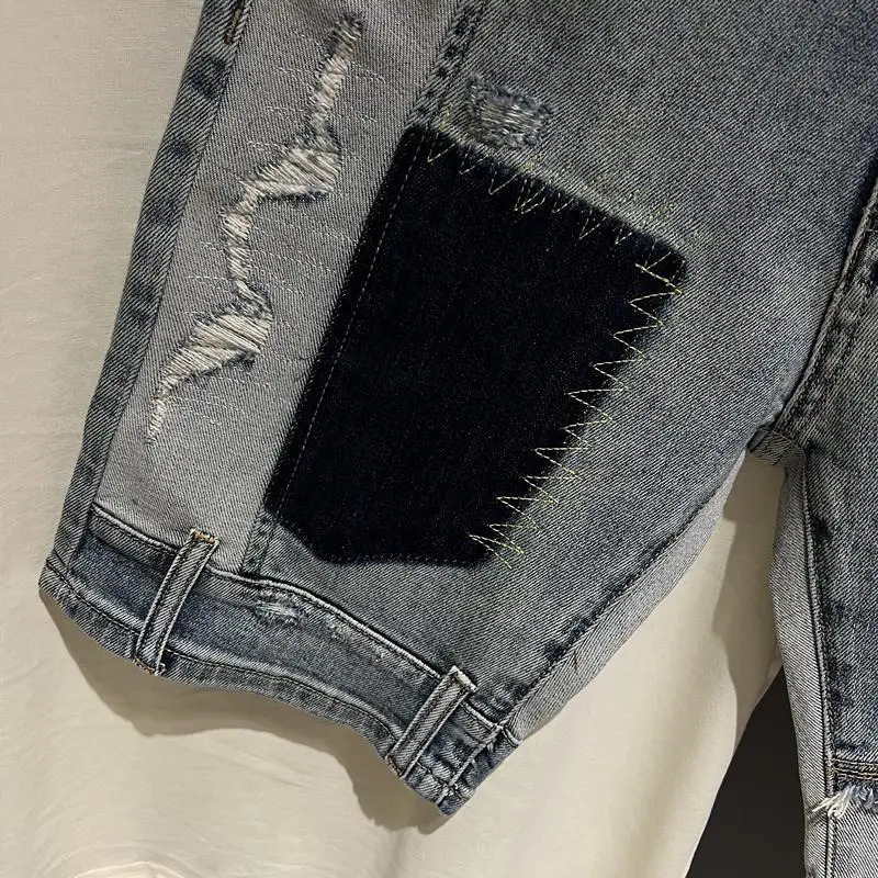 Korean Style Clothes Korean Clothing Mens Knee-Length Spliced Cow Denim Shorts Stretch Casual Short Jeans Man 250206