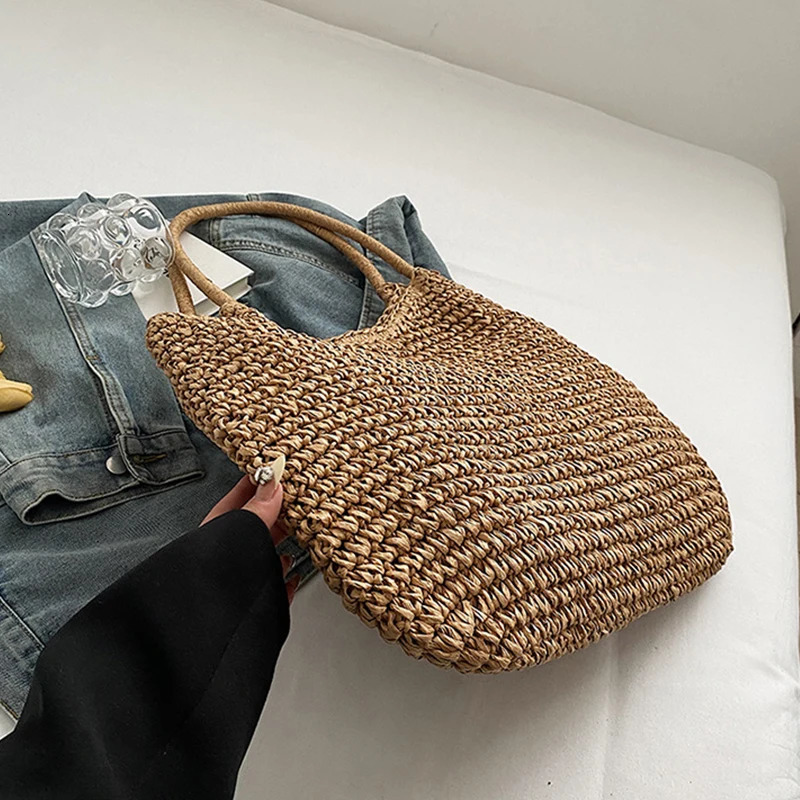Straw Crochet Underarm Bag Hand-Woven Handbag Summer Weaving Simple Beach Shoulder Bags Women Solid Color 250207
