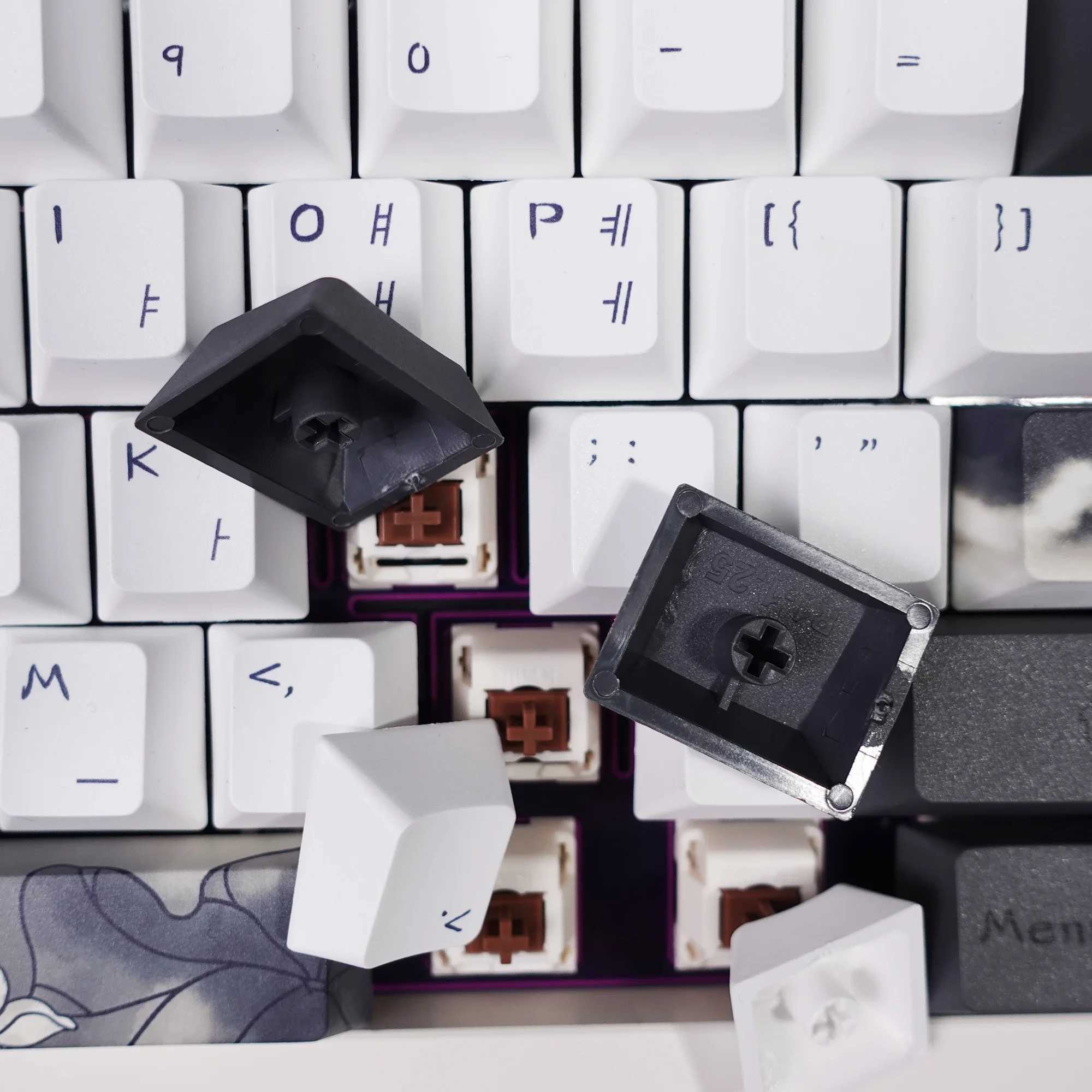 Keyboards KBDiy Ink Lotus Keycap Cherry Profile Korean Keyca PBT for Mechanical Gaming Keyboard DIY 142 Keys Hall F75 F87 F99 Key Ca z250209