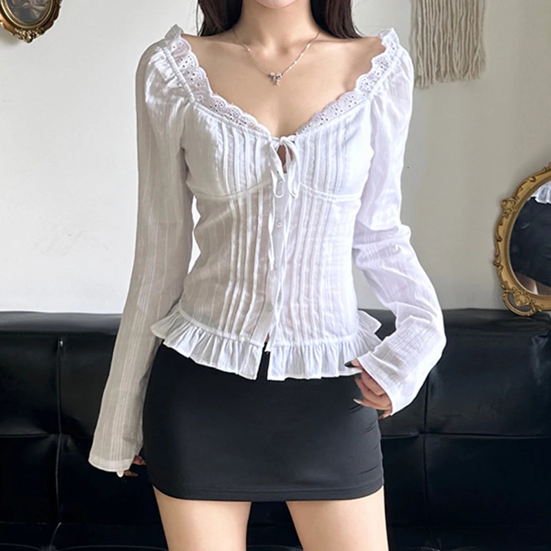 IAMTY Sweet Jacquard Ruffled Tie-up V-neck Shirt White Chic Elegant Button-up Long Sleeve Blouses Autumn Y2K Aesthetic Tops250207