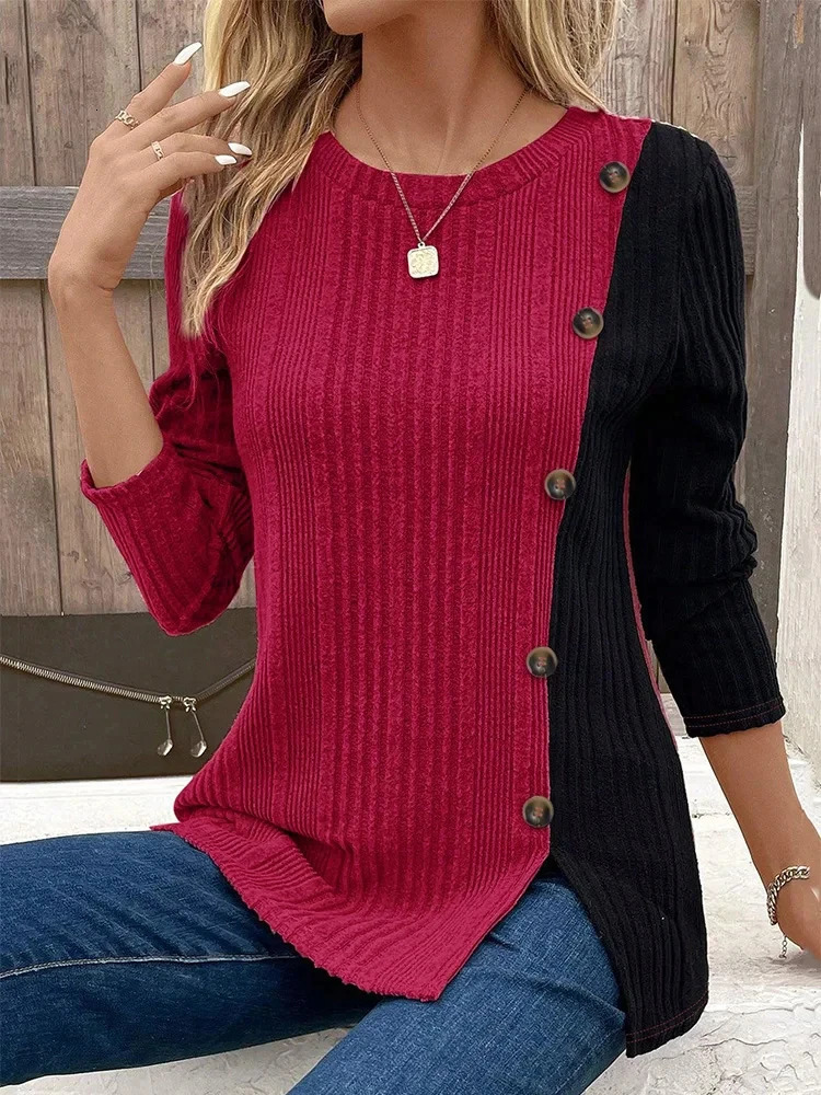 Womens Round Neck Long Sleeved Color Blocked Button Tshirt Daily Office Casual Comfortable Autumn Top 250114Z