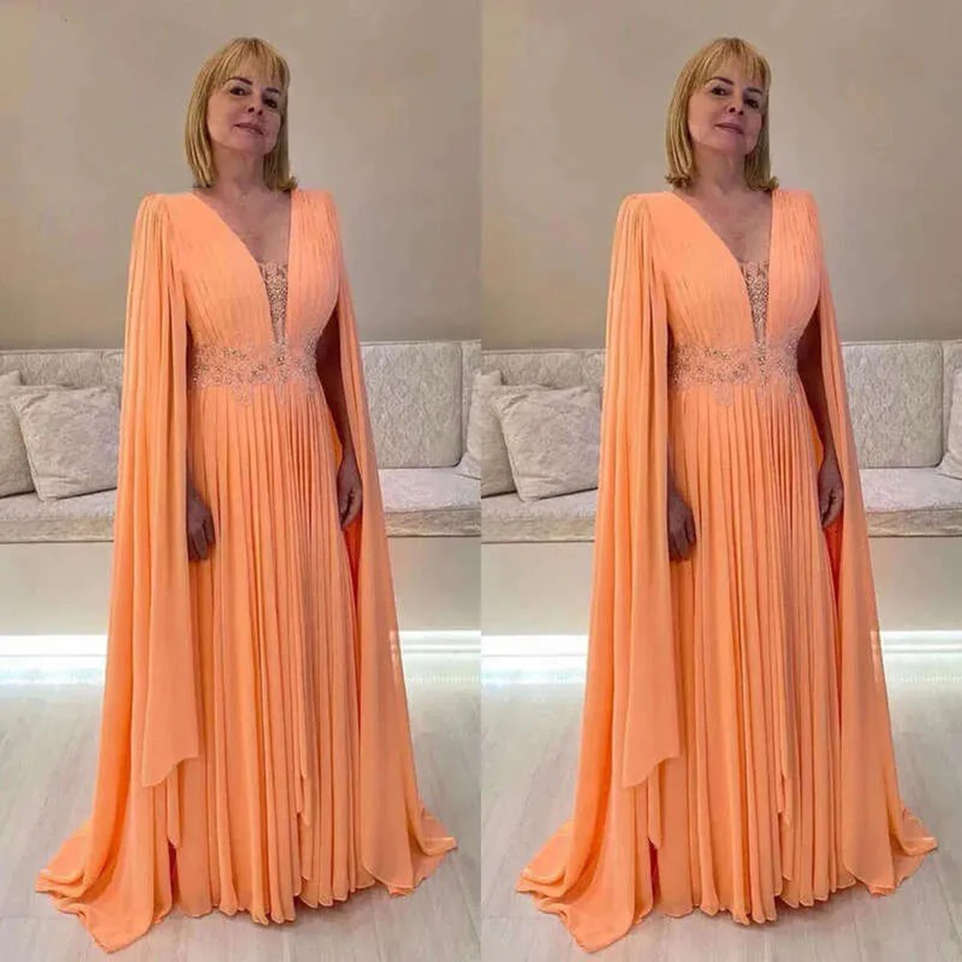 Light Orange Mother Of The Bride Dresses With Cape V Neck Wedding Guest Dress Beaded Appliqued Waist Pleats Or Length Evening Gowns