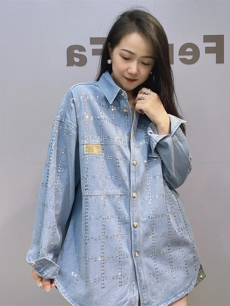 Women Chic Top Striped Diamond Denim Jacket Casual Fashion Women Shirt Long Sleeve Jeans Blouse Coat 250122