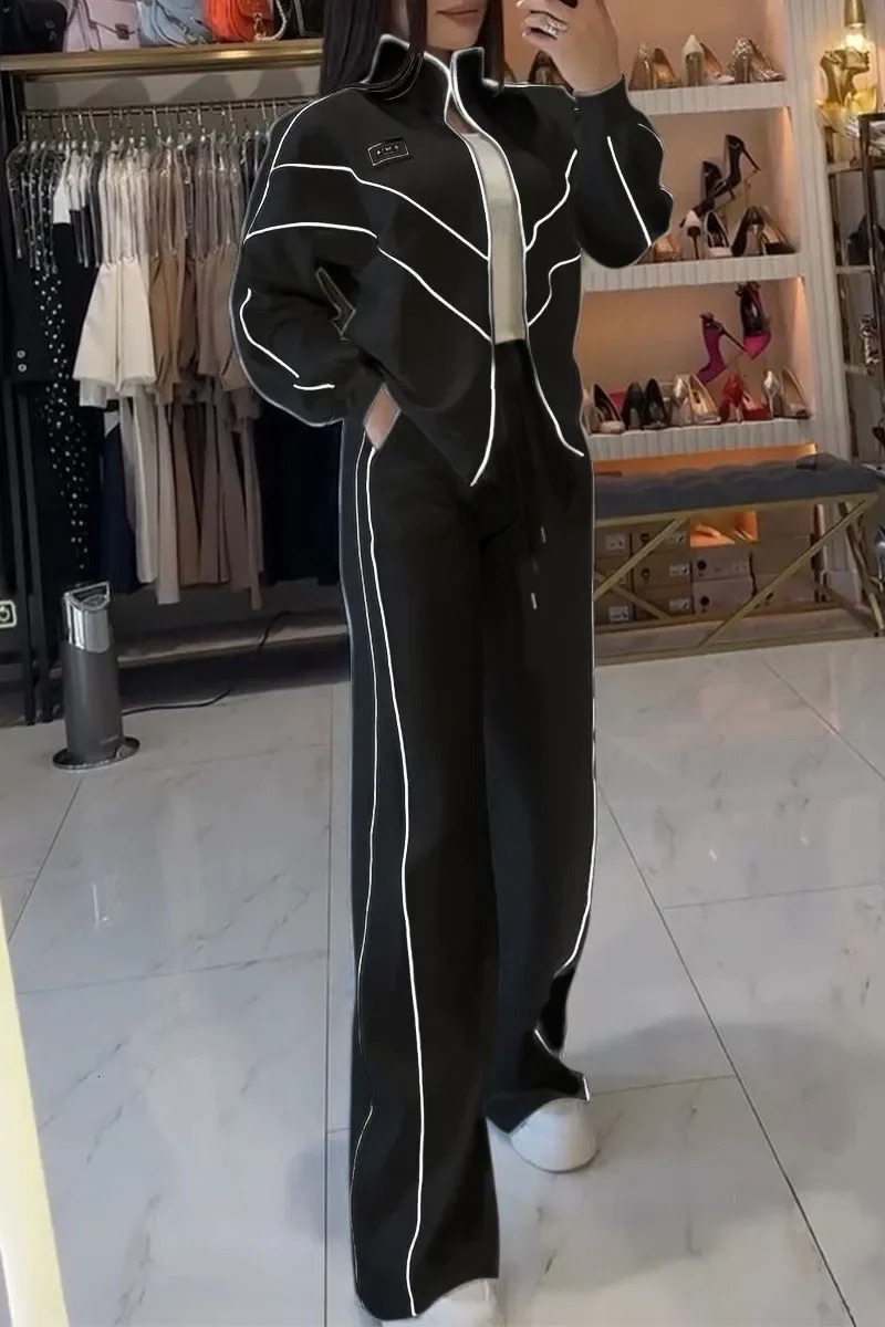 Women Fashion Elastic Waist Lace-up Solid Sport Outfits Casual Long Sleeve Loose 2Pc Set Elegant Zip Sweatshirt Long Pant Suit 250208