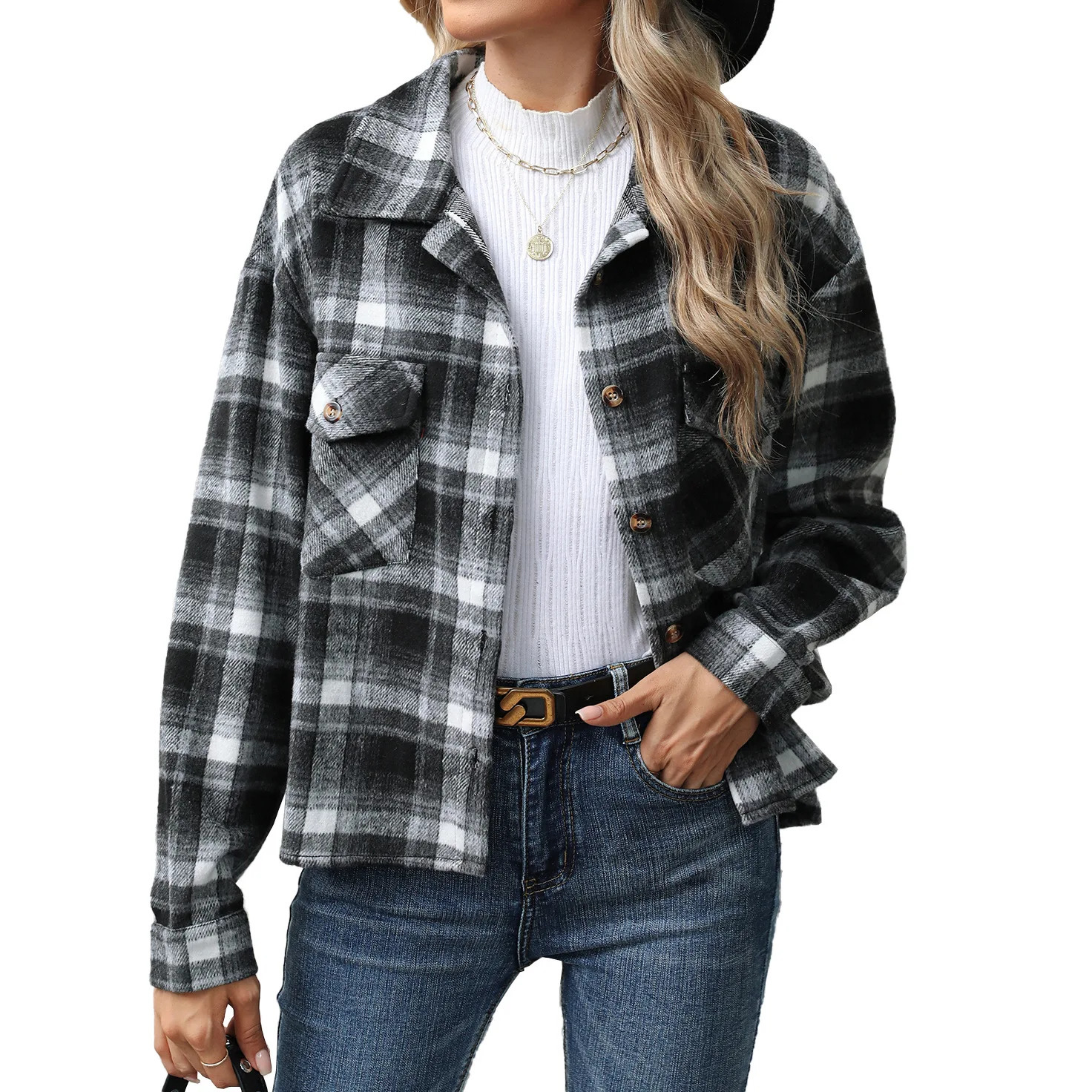 Long Sleeved Loose Pocket Plaid Top Woolen Coat for Women 250109Z