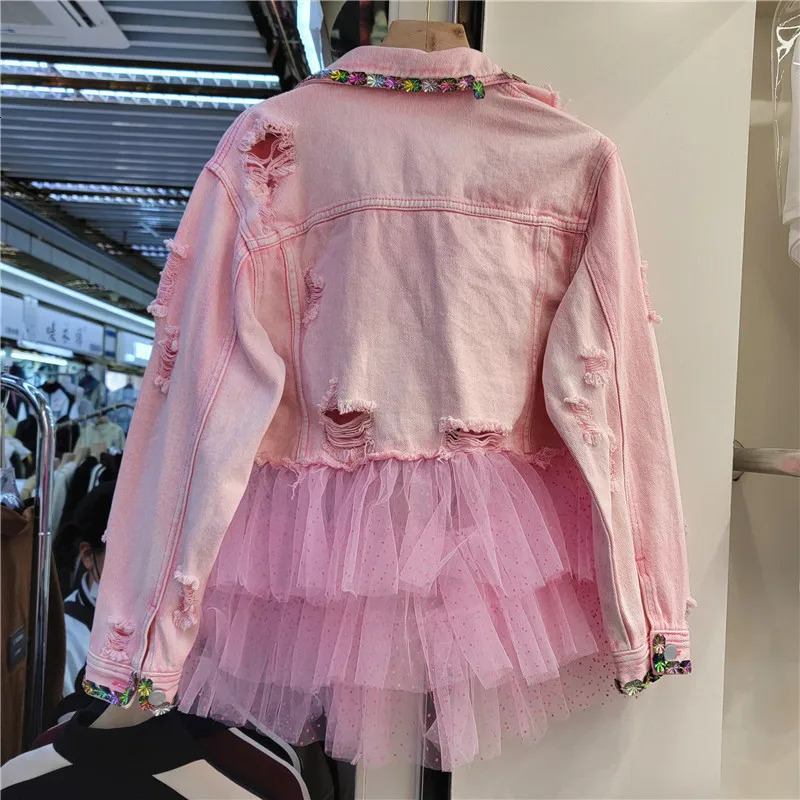 Heavy Work Mesh Splicing Diamonds Big Pocket Denim Jacket Women Slim Holes Cow Outerwear Korean Pink Jeans Jacket Coat Female 250122
