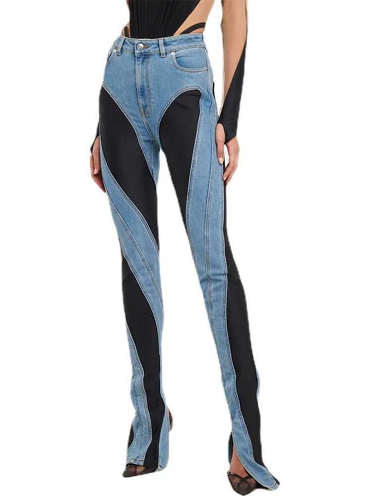 Fashion Designer Color Block Womens Jeans Slim Deconstruct Panelled Patchwork High Waist Split Blue Long Denim Pants AutumnT250208