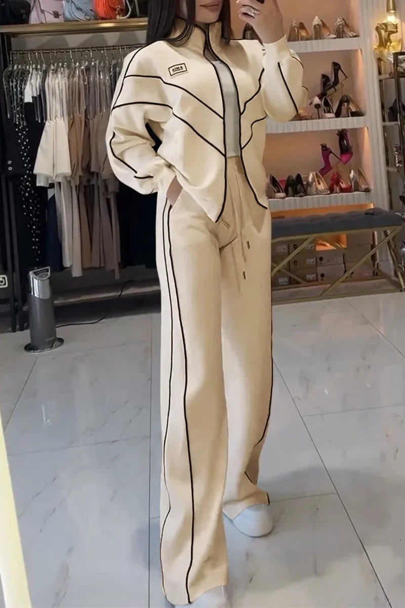 Women Fashion Elastic Waist Lace-up Solid Sport Outfits Casual Long Sleeve Loose 2Pc Set Elegant Zip Sweatshirt Long Pant Suit 250208