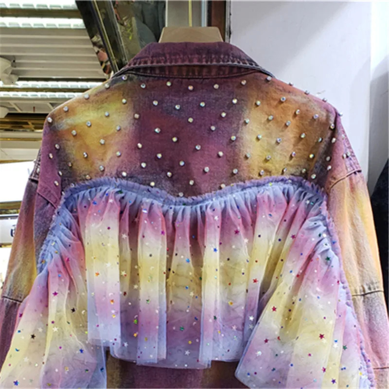 Tie Dye Gradient Color Diamonds Mesh Splicing Pocket Denim Jacket Women Cow Outerwear Loose Short Jeans Jacket Coat Female 250122