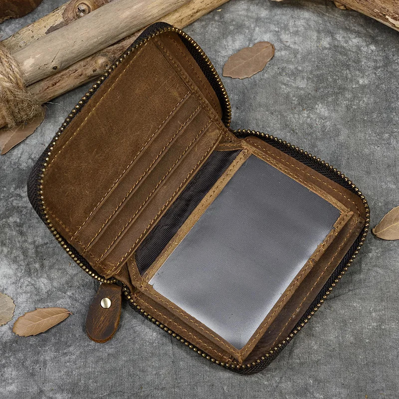 Men Crazy horse Genuine Leather Coin Wallet Real Leather Snap Short Purse Women Coin Pocket Zip Around Small Trifold Pocket 250221