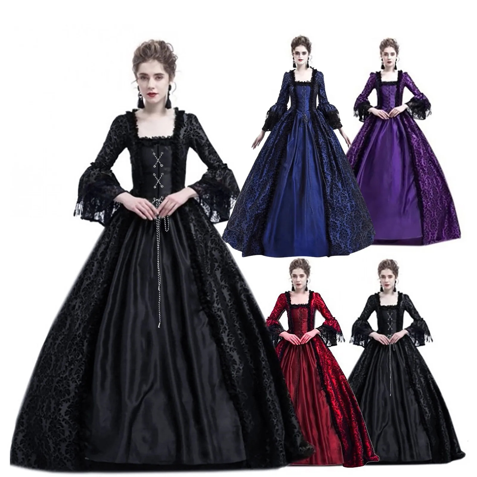 Womens Retro ball gown Long Sleeve Dress Medieval Victorian Court Lace Stitching Dress Gothic Dress Cosplay Party Costume250206