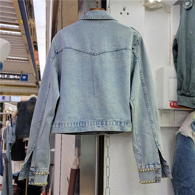 Diamonds Rivet Big Pocket Long Sleeve Denim Jackets Women Casual Cow Outerwear Vintage Blue Loose Short Jeans Jacket Female 250122