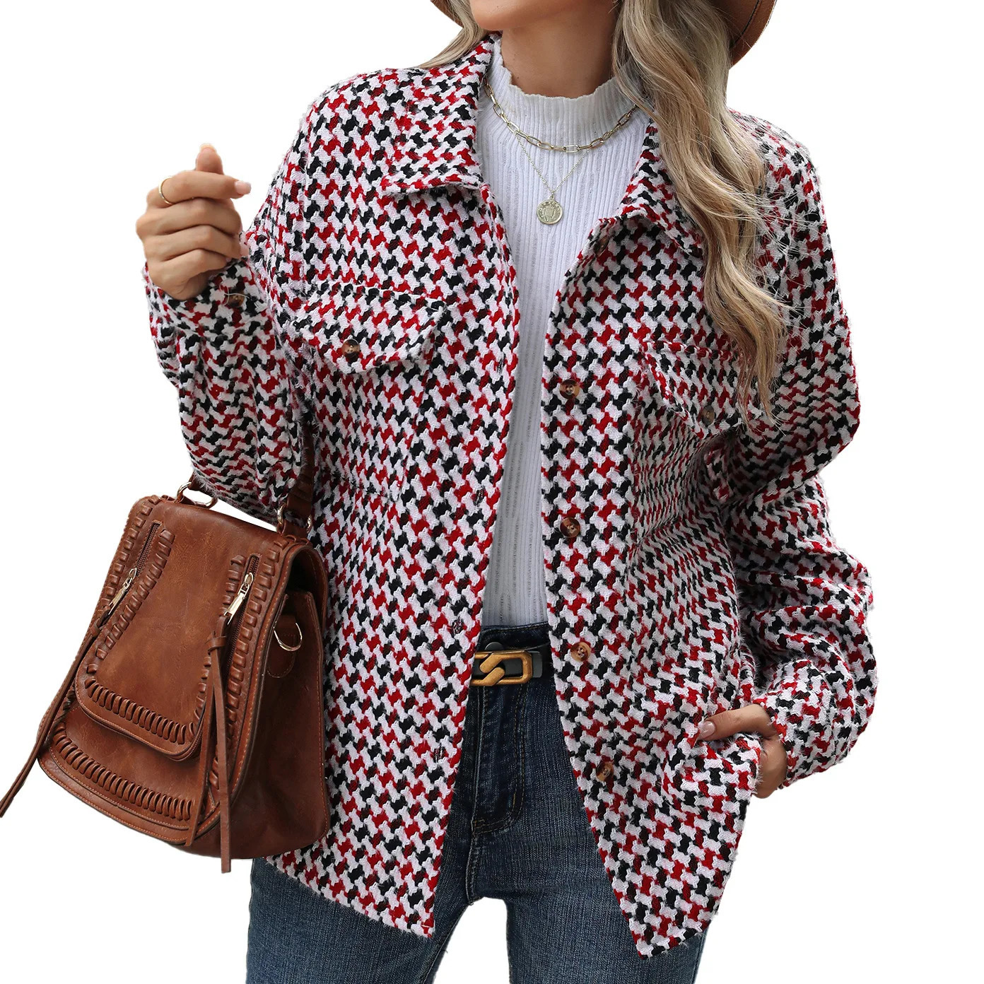 YJKDYK Autumn Winter Womens Houndstooth Jacket Female Loose Long Sleeved Woolen Coat With Pocket Ladys Coats Casual Jacket 250116