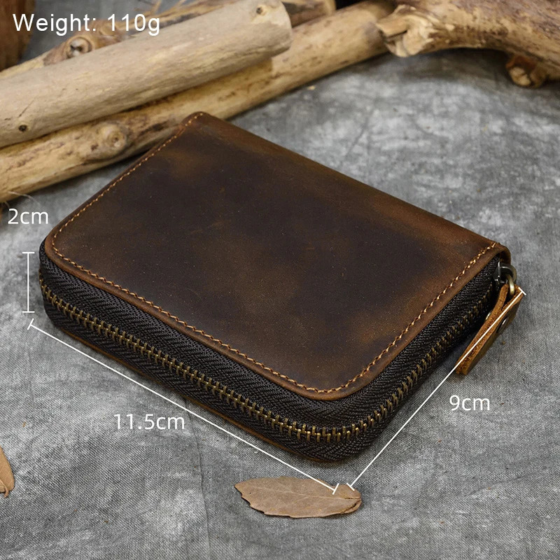Men Crazy horse Genuine Leather Coin Wallet Real Leather Snap Short Purse Women Coin Pocket Zip Around Small Trifold Pocket 250221