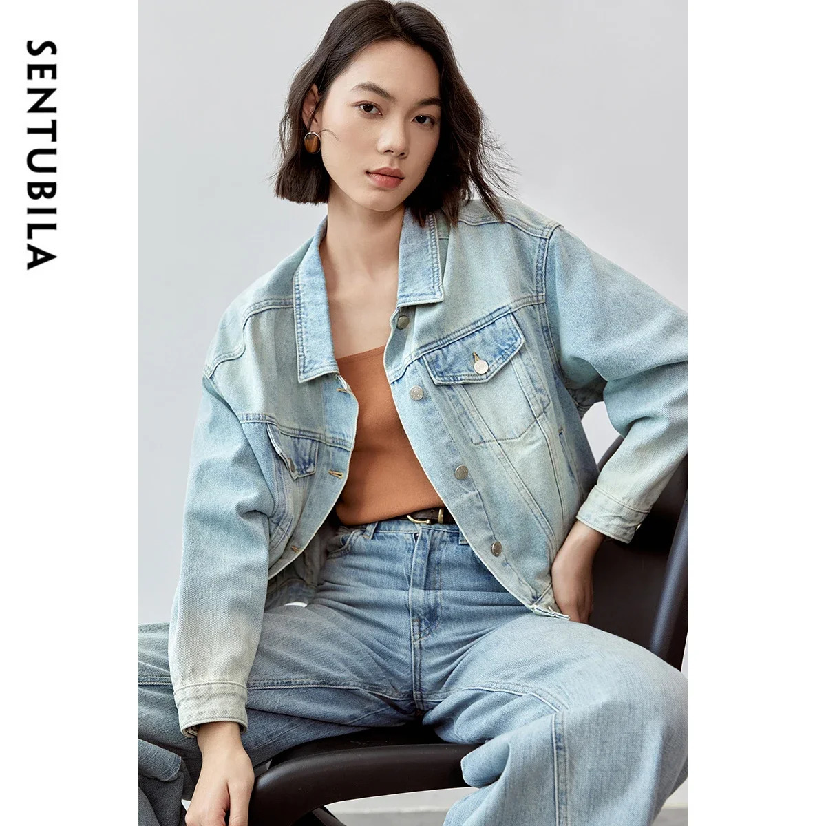 SENTUBILA Womens Spring Short Denim Jacket 2025 Fashion Loose Fit Long Sleeve Short Denim Coat Ladies Tops W43W57374X 250122