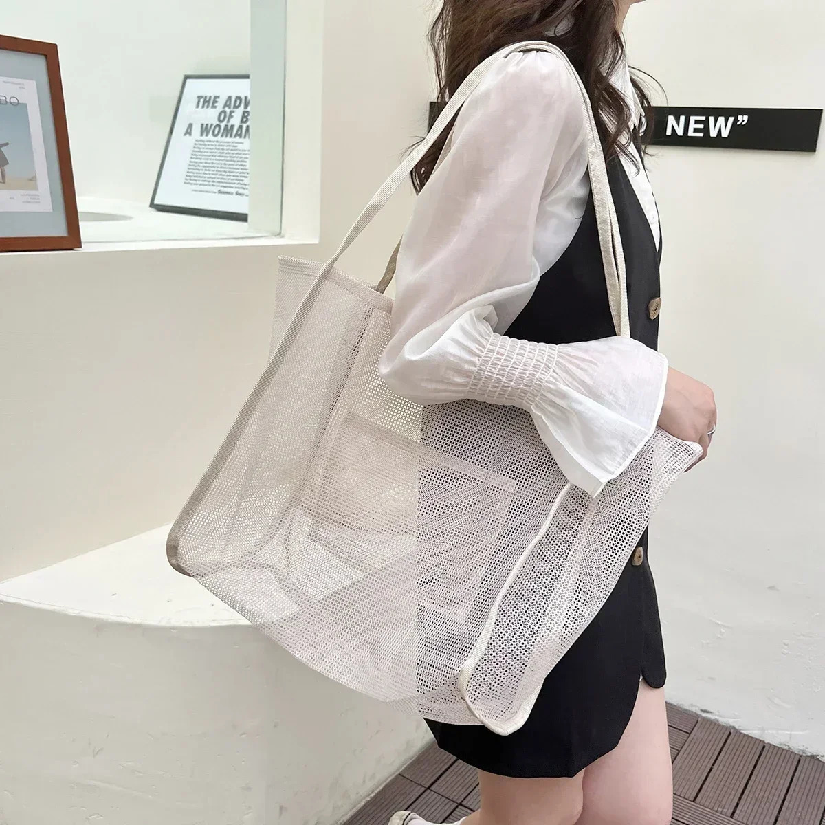 Summer Mesh Hollow Tote Bag Women Large Capacity Shoulder Bag Transparent Beach Bags Canvas Shoping Hobo Bags Handle Tote 250207