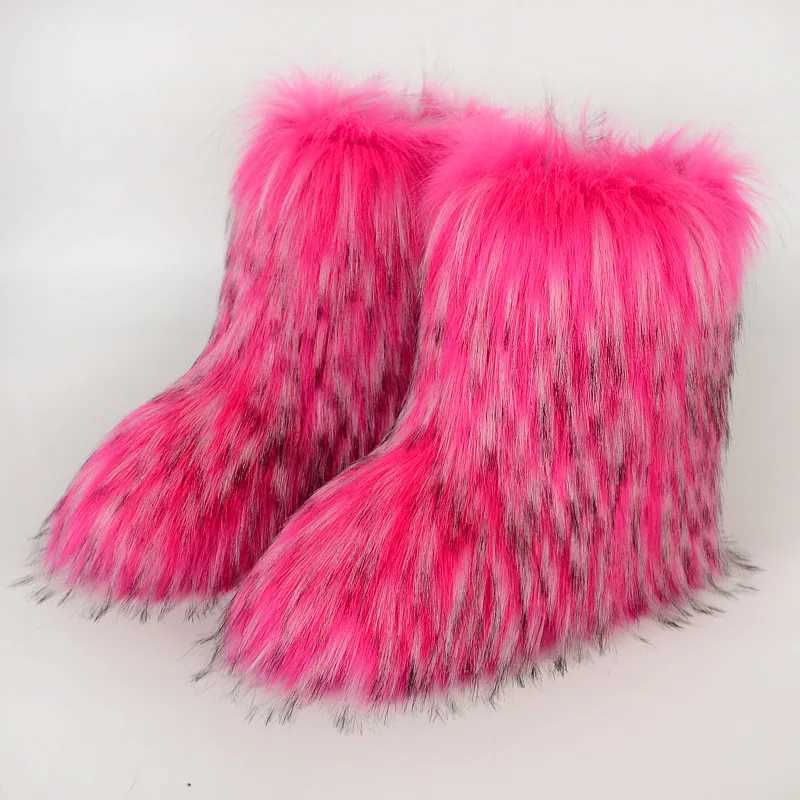 Women Faux Fur Winter Fluffy Plush Warm Mid Calf Snow Fashion hot Furry Boots Comfortable Outdoor Flat ShoesC250210